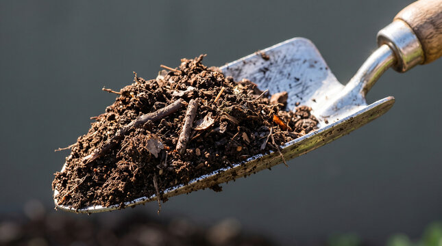 Garden trowel holding rich dark compost soil and organic matter