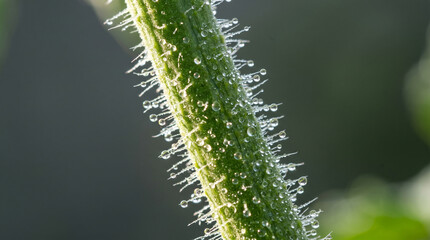 Fototapeta premium Extreme macro of water droplets on a hairy green plant stem