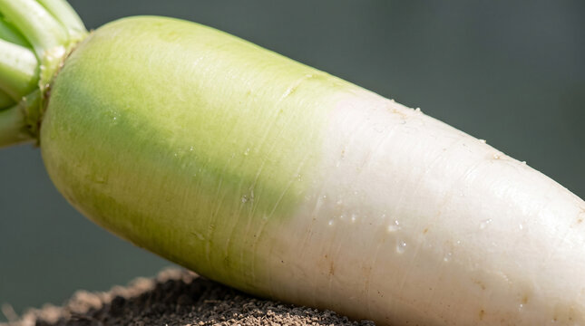 Close up of a fresh raw Korean daikon radish resting on soil