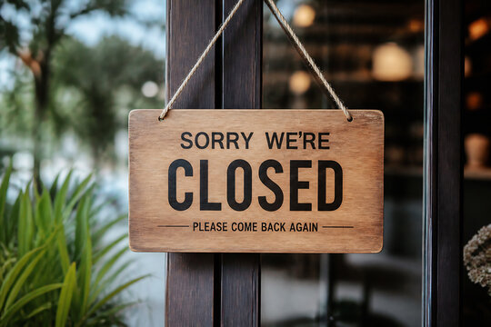 A wooden "SORRY WE'RE CLOSED" sign hangs on a door in an outdoor setting.