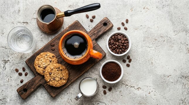 Freshly brewed black coffee in an orange ceramic mug served with oatmeal chocolate chip cookies on a rustic wooden board along with coffee beans, representing an inviting morning drink breakfast