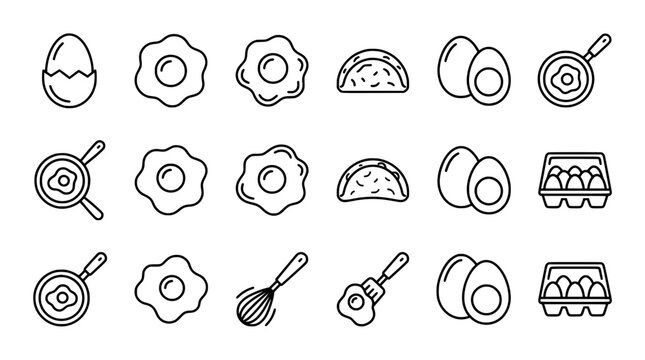 Breakfast Eggs and Cooking Utensils Line Art Icon Set with Fried Egg Omelet Boiled Egg Carton Whisk and Spatula Frying Pan Symbols Vector