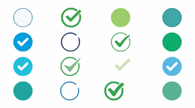 Check Mark Circle and Radio Button Icon Set with Form Validation Tick Complete Approved Unchecked Options for Web User Interface UI Design Vector