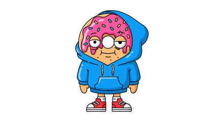 Obraz premium Funny cartoon donut character wearing a blue hoodie and red sneakers