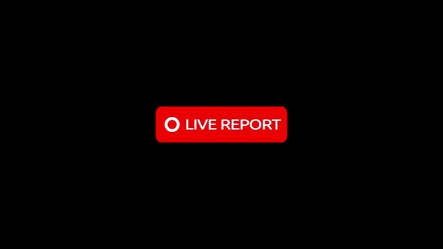 Animated live report button with flickering white recording icon on red banner isolated for breaking news and broadcast journalism.