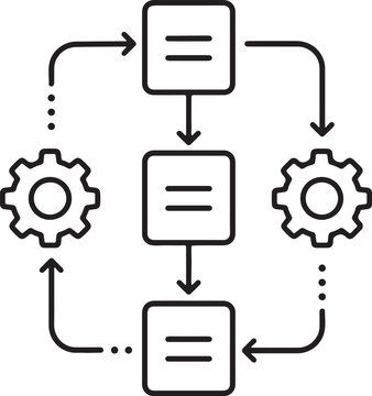 Business process flow diagram with gear icons and step boxes