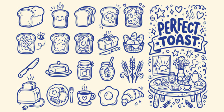 Whimsical Hand Drawn Breakfast Elements with Toast and Coffee in a Playful Doodle Style