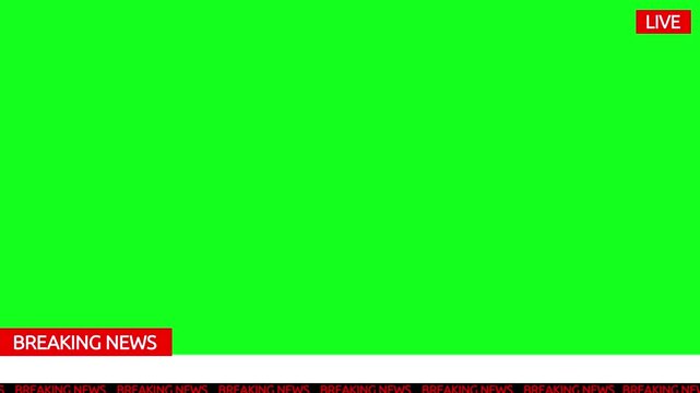 Green screen background for news broadcast with breaking news ticker and live icon.
