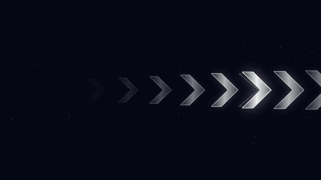 Sequence of metallic chevron arrows moving forward on a dark background with subtle star-like particles, representing progress and direction