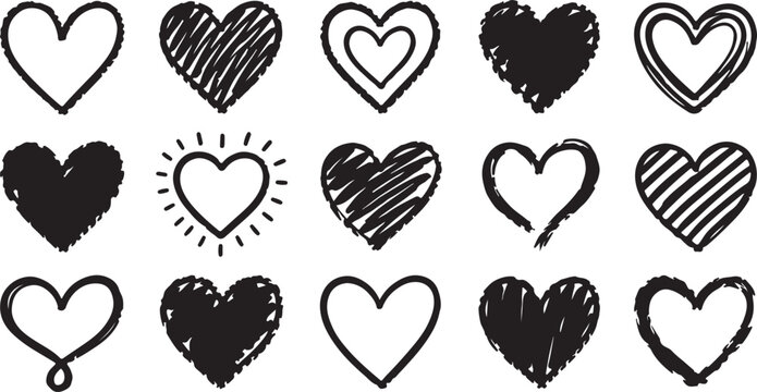 Set of fifteen hand drawn black heart icons on white background