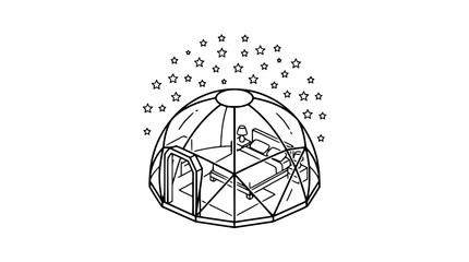 Transparent geodesic dome with bed and stars, minimalist line art illustration © Akun