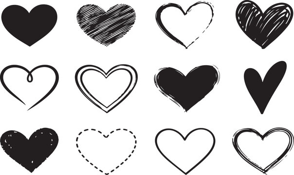 Set of twelve hand drawn black heart shapes on a simple flat layout