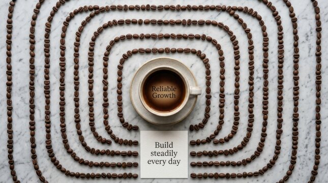High quality top view of a cup of coffee with reliable growth text inside surrounded by concentric squares of roasted coffee beans on marble surface