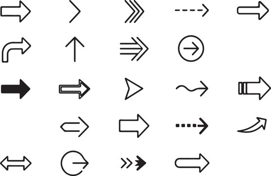 Set of various black arrow icons for design and navigation elements