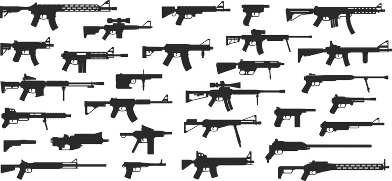 Collection of diverse firearm silhouettes including rifles shotguns and handguns on a white background