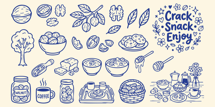 Wholesome walnut illustrations with healthy food and beverage elements for culinary and lifestyle concepts