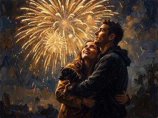 Fototapeta premium Expressive Oil Painting of a Young Couple and Their Pet Dog Watching a Golden Fireworks Show, Celebrating Love, Hope and a New Future Together.
