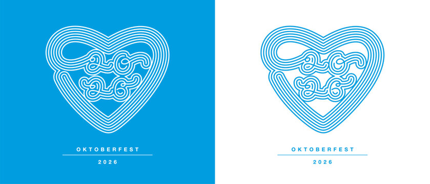 Handwritten Oktoberfest 2026 beer festival heart logo icon with the year 2026 in the shape of a pretzel on a blue and white background