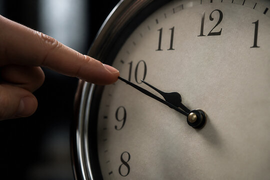 A hand is adjusting the minute hand on an analog clock in a dark setting.
