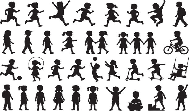 Group of happy children silhouettes playing and having fun together