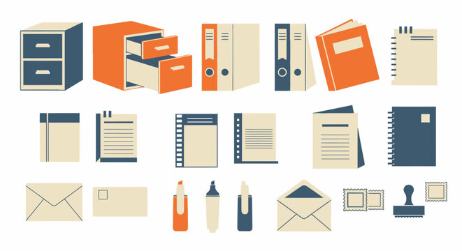 Office Supplies Icons: Folders, Files, Envelopes, Notebooks, Stamps, Markers