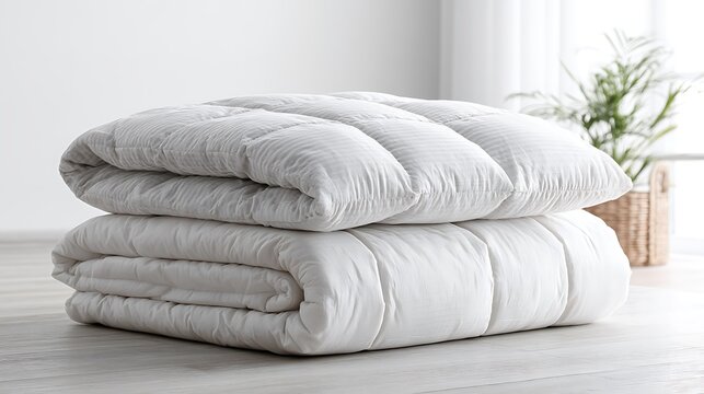 Two plush white blankets stacked on a wooden floor isolated on white background. Home comfort and bedding concepts for.