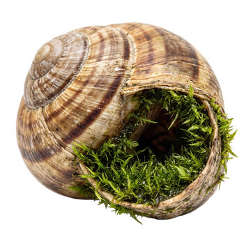 Macro view of an empty snail shell overgrown with green moss