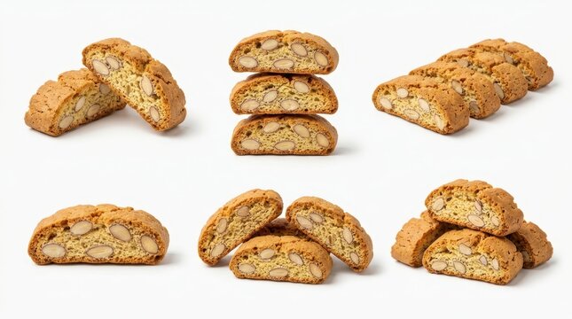 Traditional Italian cantuccini almond biscotti cookies arranged in six diverse compositions isolated on white background,  these crispy twice baked cookies feature whole nuts and golden snack