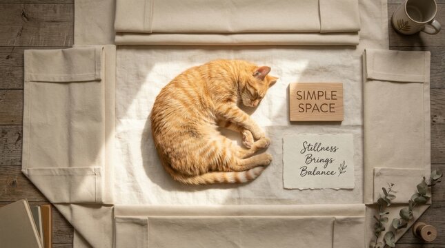 Peaceful ginger cat sleeping curled on neutral beige fabric in a minimalist aesthetic setting with wooden blocks and motivational text cards