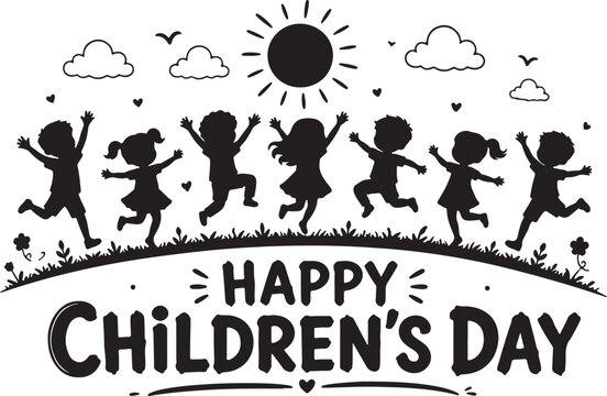 Happy children day silhouette illustration with kids jumping in sun