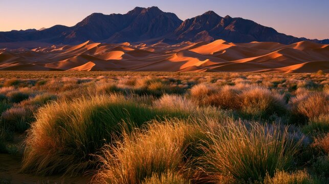 Golden desert dunes at sunset with mountains