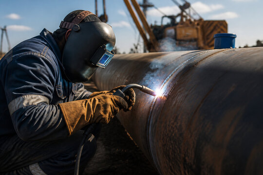 A welder in protective gear is welding a large metal pipe outdoors under bright sunlight.