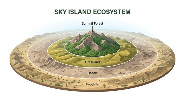Isometric diagram illustration showing environmental elevation zones from desert foothills up to high altitude mountain summit forest ecosystem