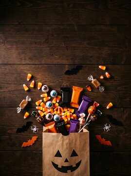 Trick or treat paper bag overflowing with halloween candies and sweets on dark wooden background