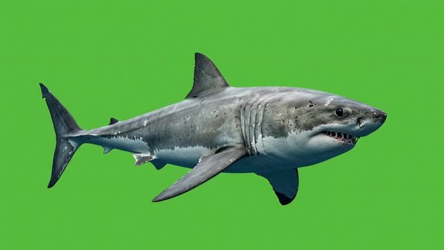 High Quality Great White Shark Swimming Loop On Green Screen, Great White Shark Swimming Isolated On Green Screen Chroma Key, Cinematic Animation Of Great White Shark Swimming On Green Screen
