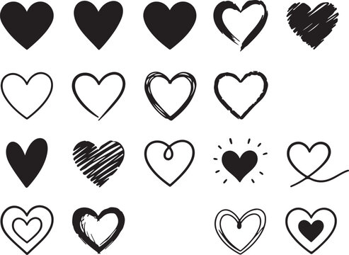 Collection of black hand drawn heart shapes on white background