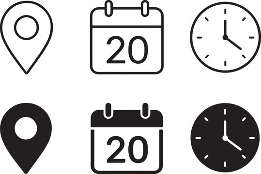 Set of location pin calendar and clock icons in black and white style