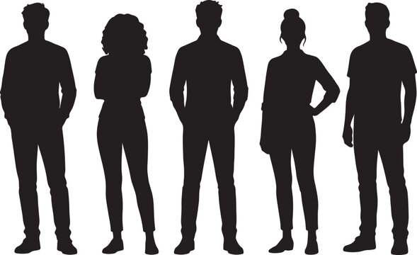 Group of diverse people standing together in a simple black silhouette