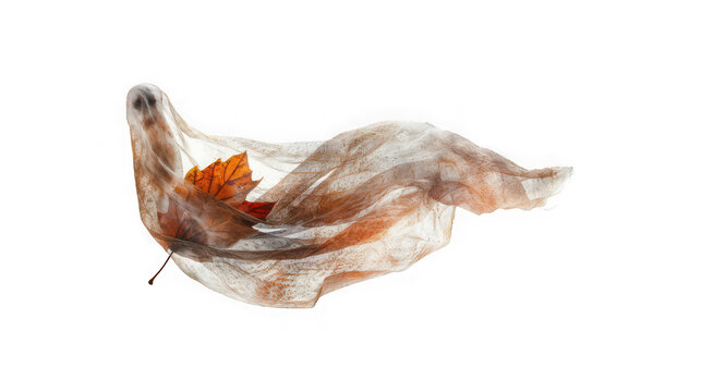 Ghost figure formed by a light translucent fabric veil floats in the air while holding a single dried maple leaf to represent a surreal and ethereal autumn concept against a plain white background.