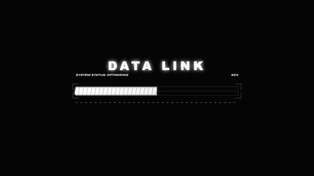 Data link loading bar. System status optimizing progress bar with glitch effect and percentage counter.
