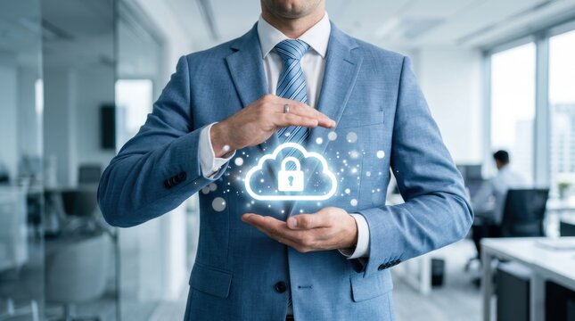 Successful businessman in a blue suit protecting a glowing cloud security icon with a padlock between his hands in a modern office environment, representing total data safety and cybersecurity