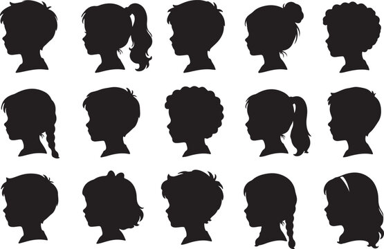Set of diverse children head silhouettes with different hairstyles