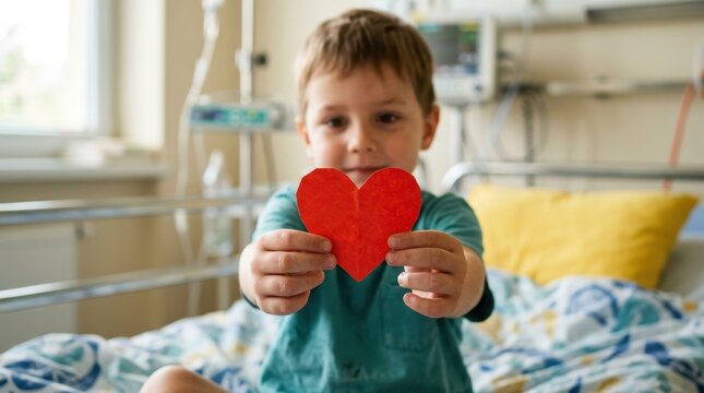 Brave young boy patient in a hospital bed holds a red paper heart toward the camera expressing hope and love during recovery. This heartwarming scene shows pediatric care and childhood strength today.
