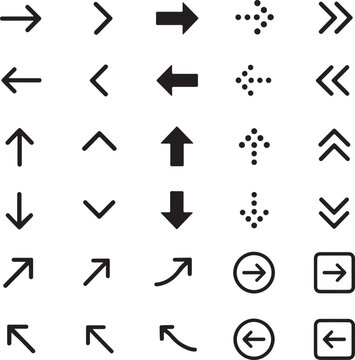 Set of black arrow icons pointing in many different directions