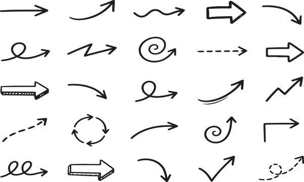 Set of hand drawn black marker arrows on a white background