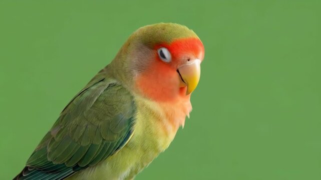 A close portrait of a beautiful peach-faced lovebird against green background