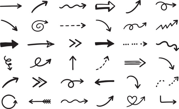 Set of black hand drawn sketch arrows on a white background