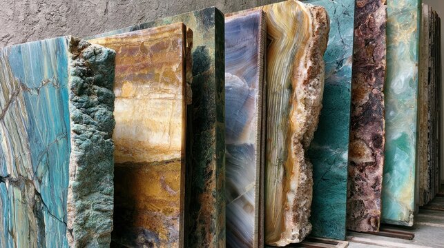 Veined natural stone slabs varied colors and textures