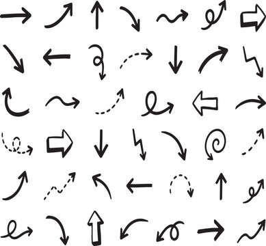 Collection of various hand drawn black arrow doodles on white background