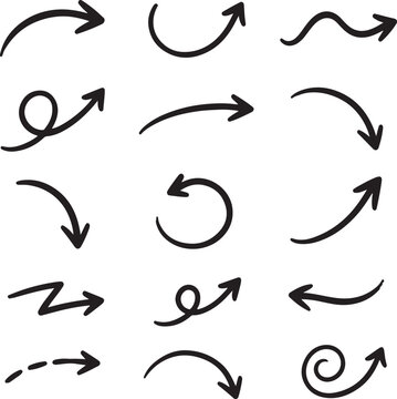 Set of black hand drawn arrows and pointers on white background